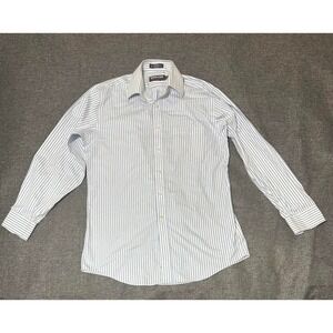 Kirkland Signature Men's 15 1/2 34 Blue White Striped Long Sleeve Shirt